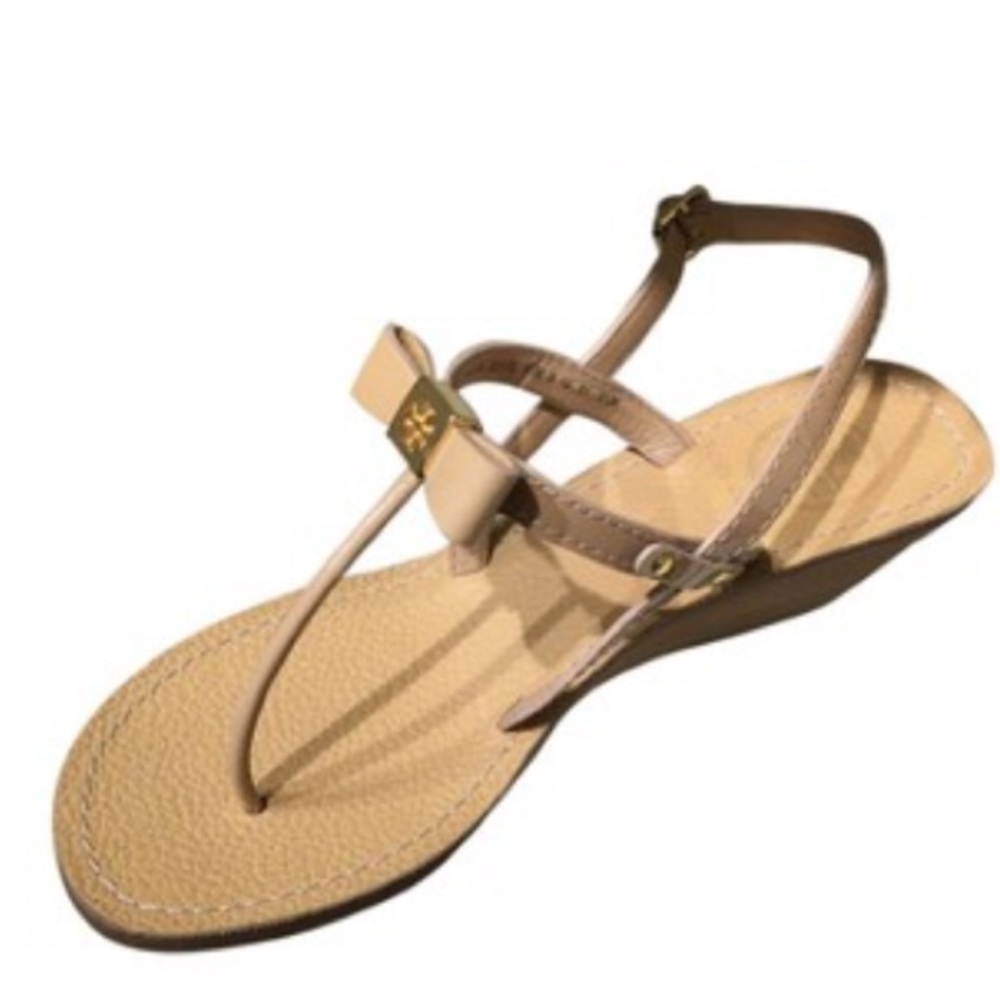 Tory Burch Beige Bow T-Strap Sandal with Gold Logo